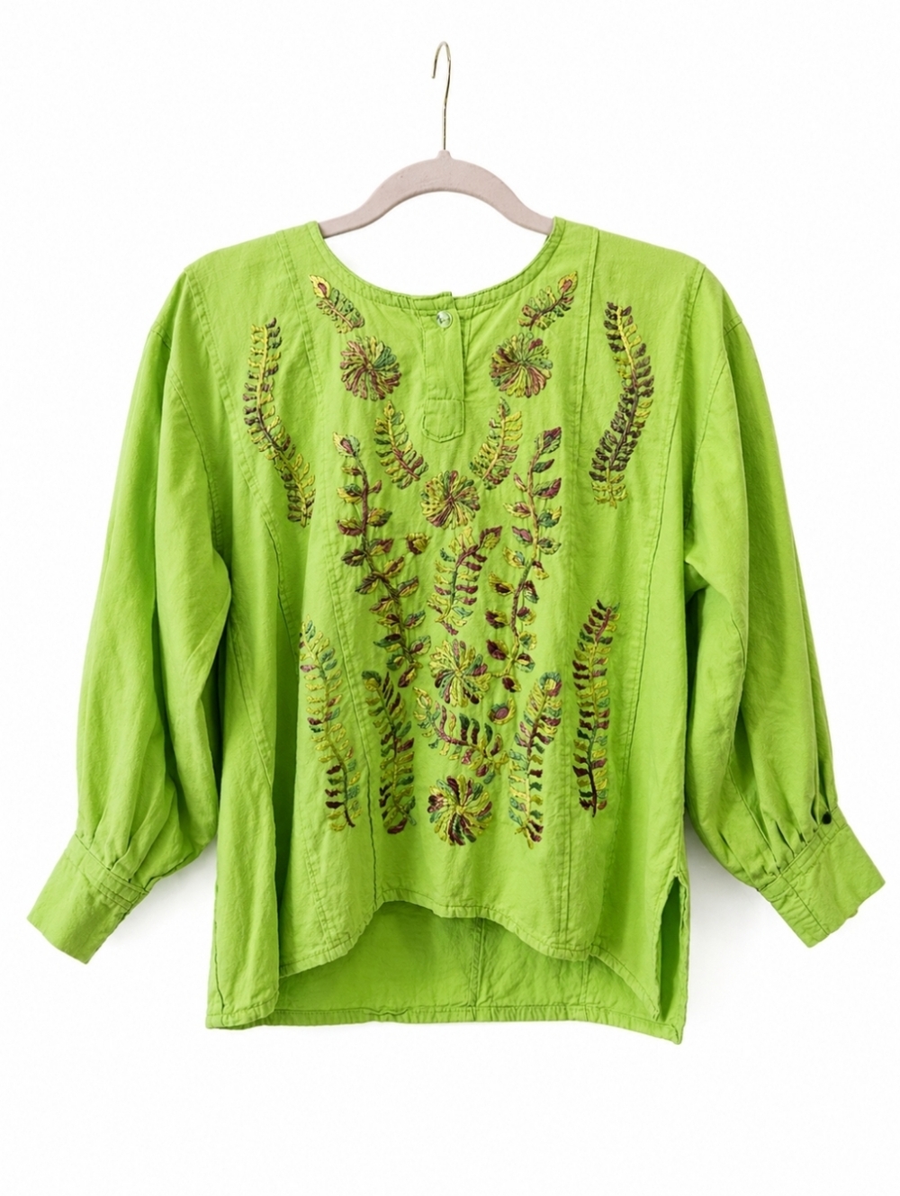 Mexican Handmade Embroidered Huipil Green 3/4 Puff Sleeve SZ S